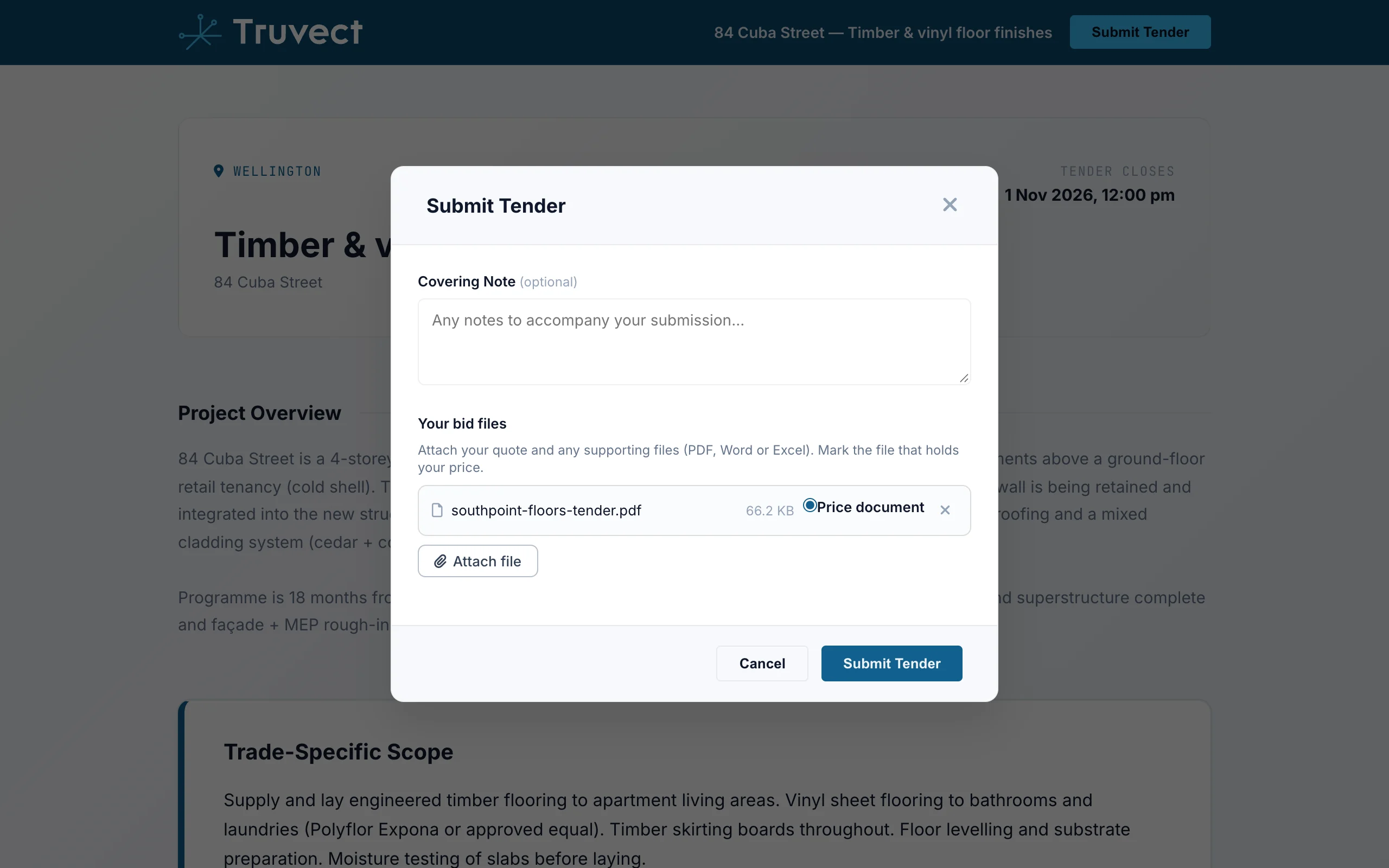 A flooring tender: three bids sent through their pricing links and read, the lowest bid as sent priced like for like, a different vinyl accepted as equal, questions sent to the tenderer and its revised price applied, and the award reason drafted