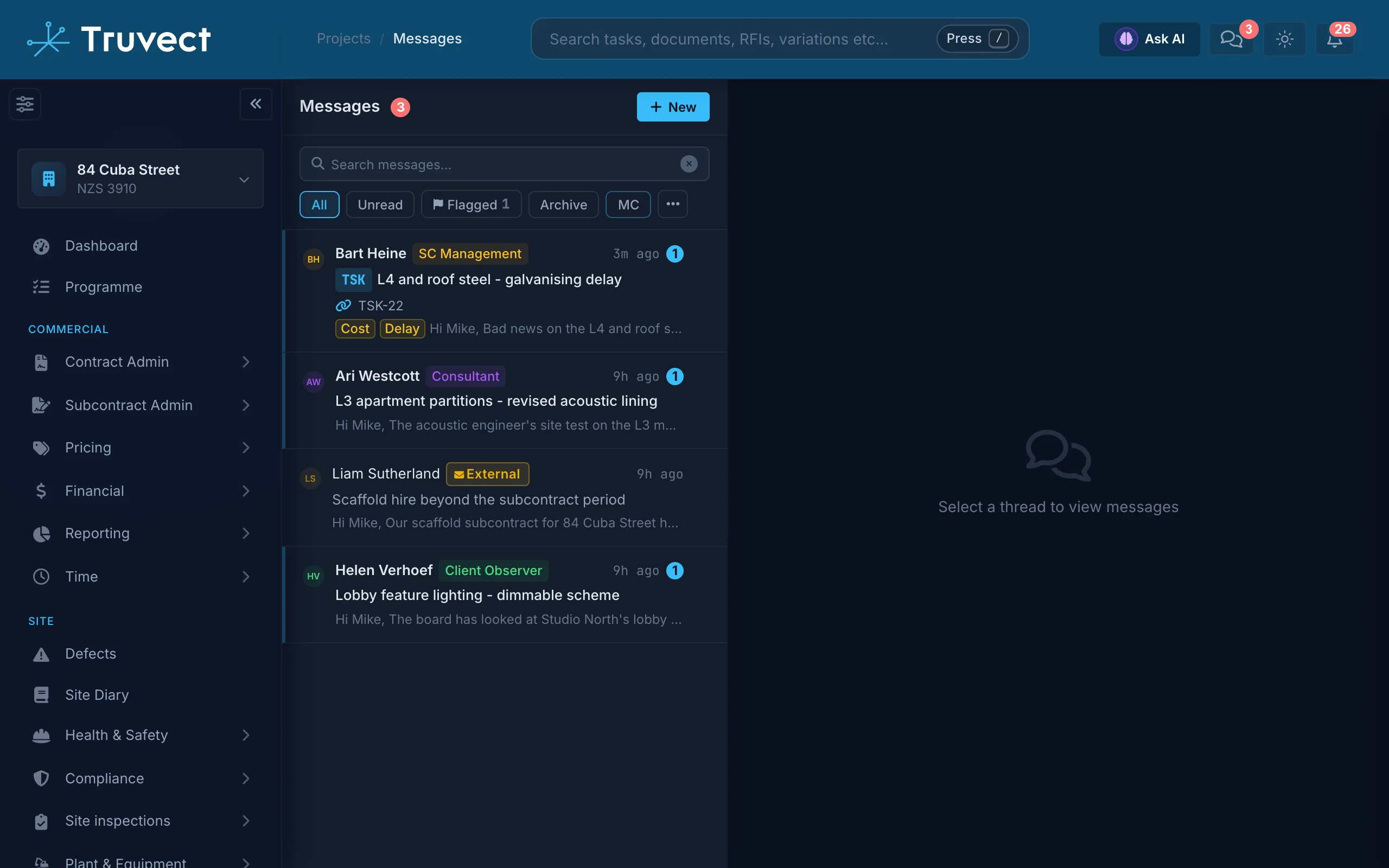 A subcontractor’s delay message flagged for cost and delay, its programme impact worked out, the record and a reply drafted, and a question answered by Truvect AI in the thread