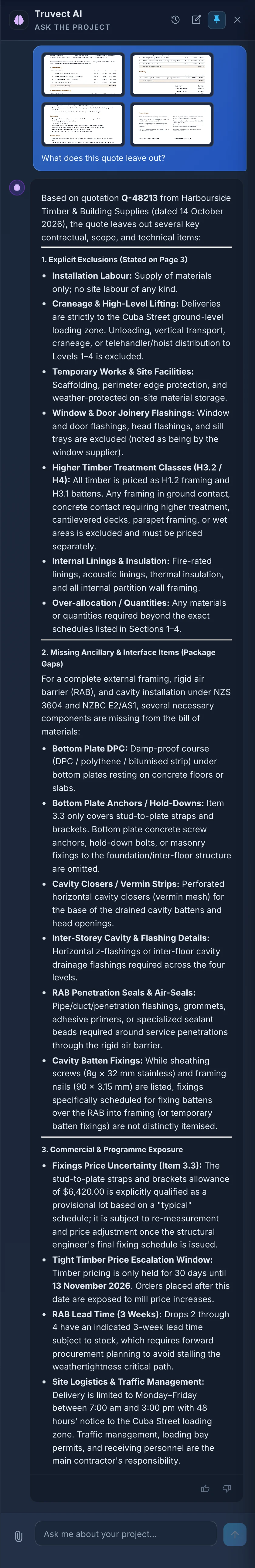 Truvect AI with four pages of a timber supplier’s quote attached, listing what the quote leaves out: its stated exclusions such as installation labour, craneage and scaffolding, the items a full framing and cavity package would still need, and the commercial risks such as a 30-day price hold