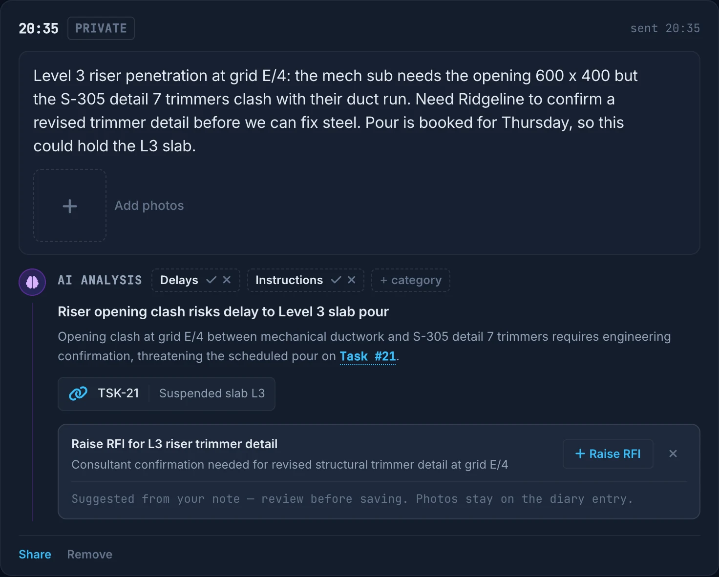 A site engineer’s diary note about a riser clash at grid E/4, with the AI analysis under it: tagged Delays and Instructions, a summary linked to the Level 3 slab task, and a suggested ‘Raise RFI’