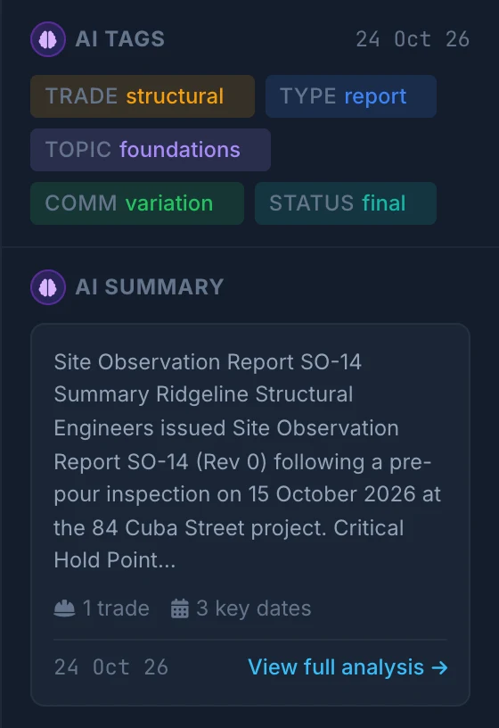 The same report in the document library, tagged structural, report, foundations, variation and final by the AI, with its summary