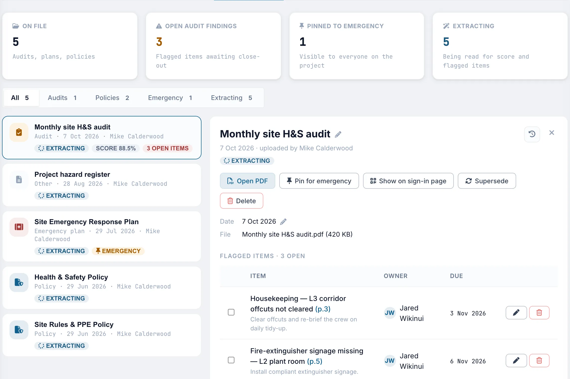 Truvect health and safety — document library of audits, policies and emergency plans with AI-extracted findings, owners and due dates