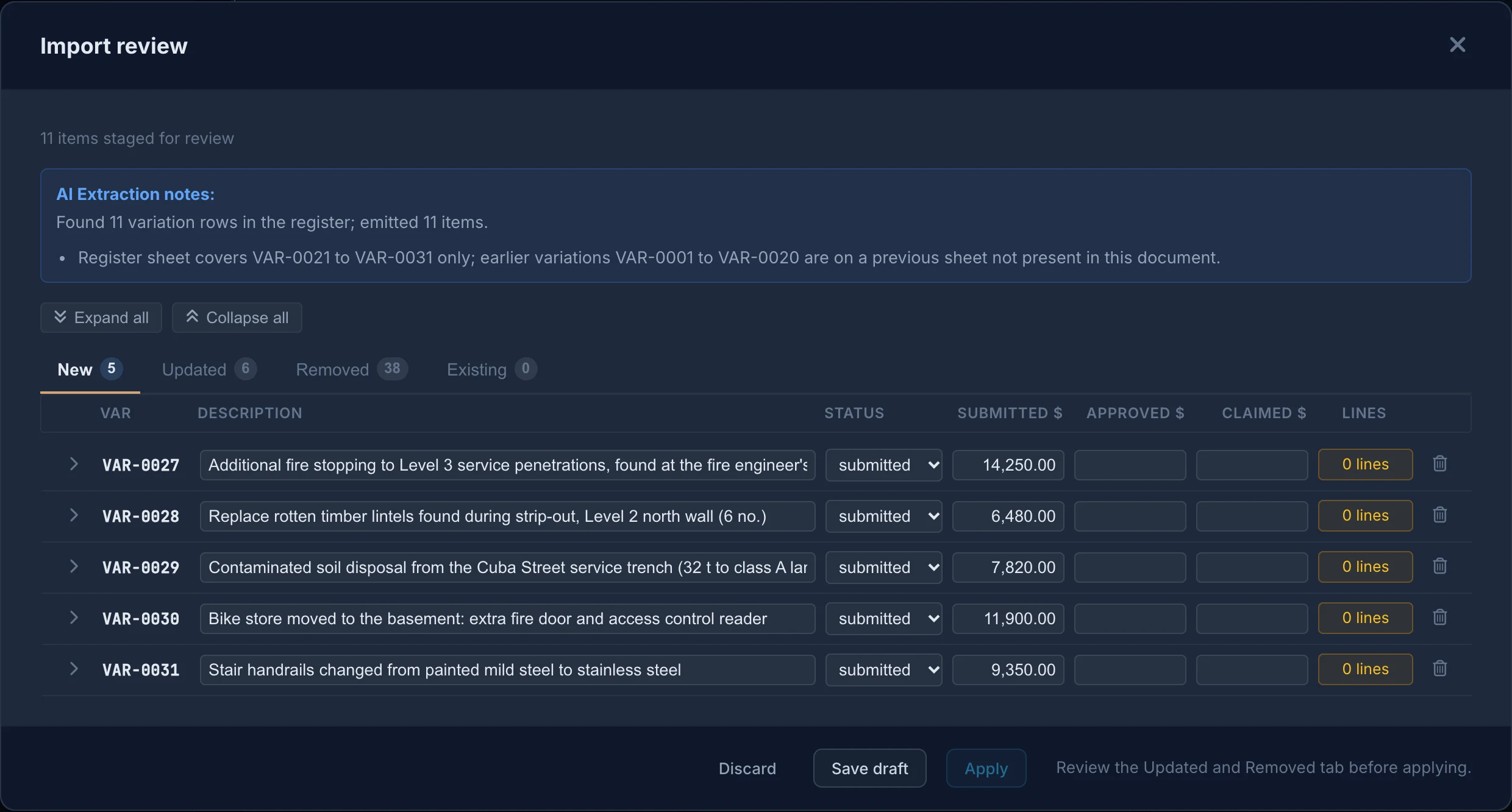 Import review for an existing variation register: Truvect AI read 11 rows, drafted VAR-0027 to VAR-0031 as new variations with their submitted values, and matched six rows to variations the project already has
