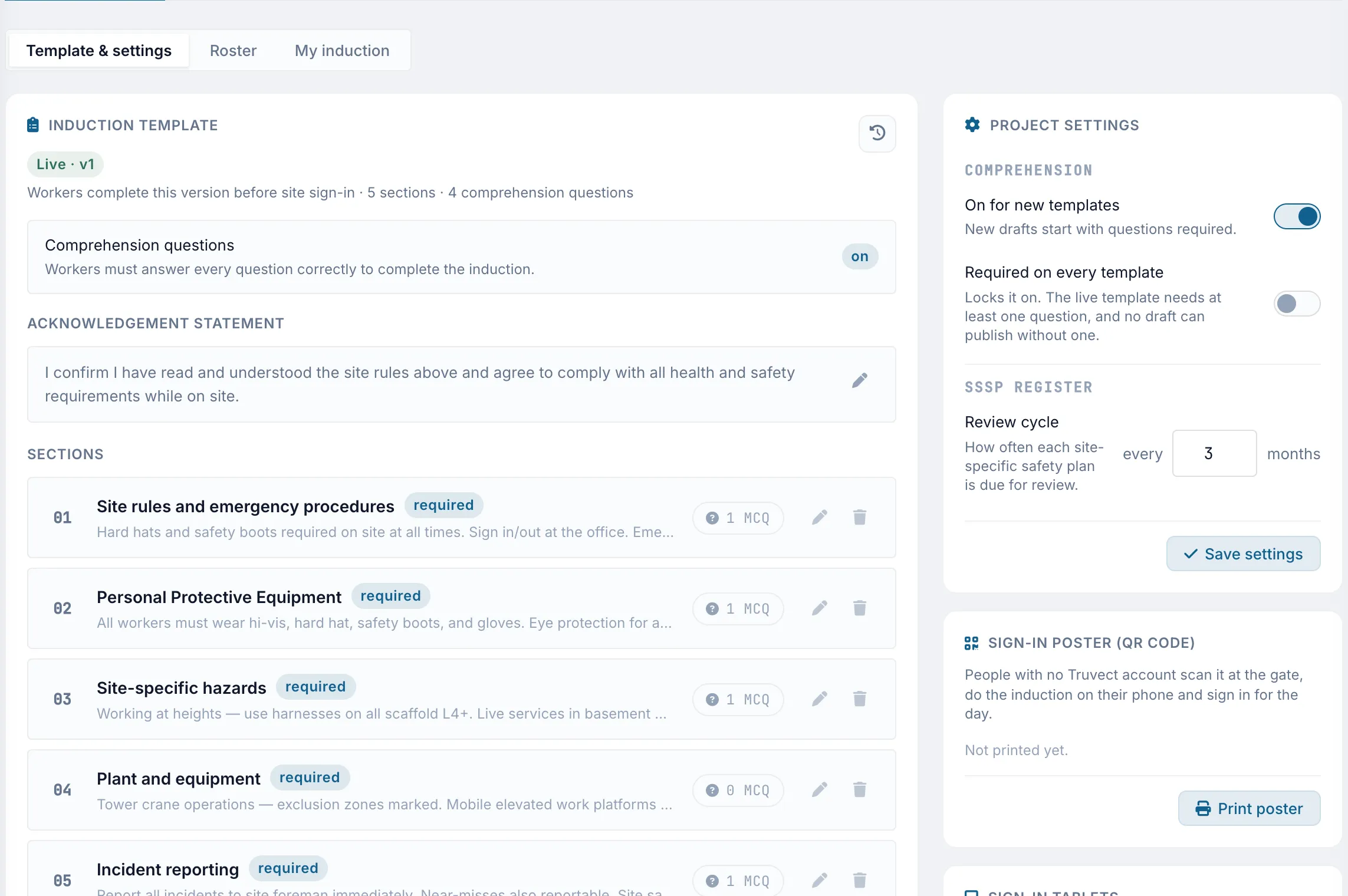 Truvect health and safety — induction template with required sections, comprehension questions and project sign-on settings