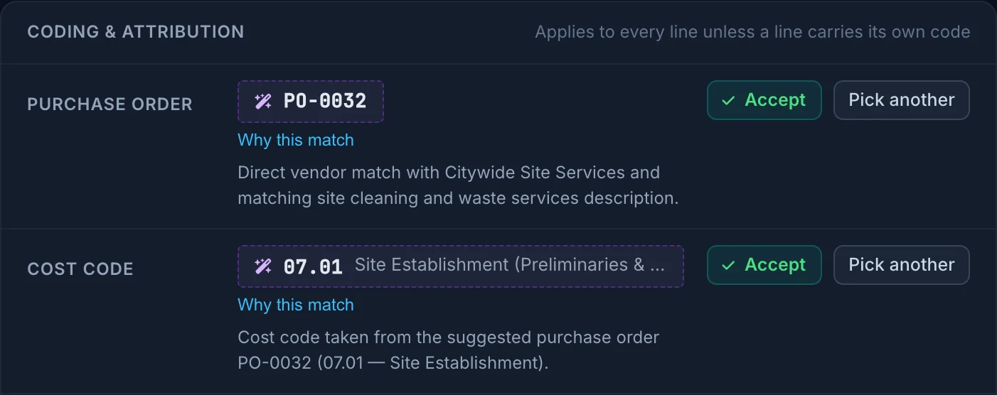 Truvect AI suggesting purchase order PO-0032 and cost code 07.01 Site Establishment for a Citywide Site Services invoice, each with its reason