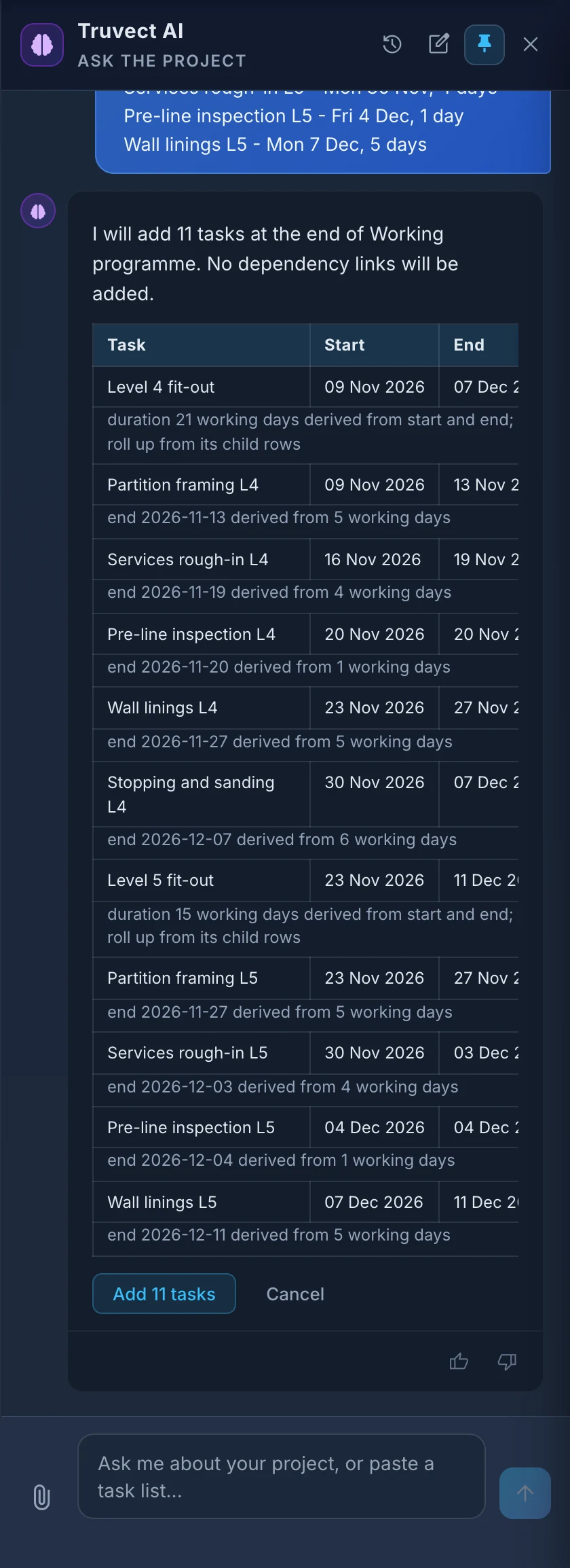 A pasted list of Level 4 and Level 5 fit-out tasks, and Truvect AI’s preview of the 11 programme rows it will add, with start and end dates and the assumptions it made