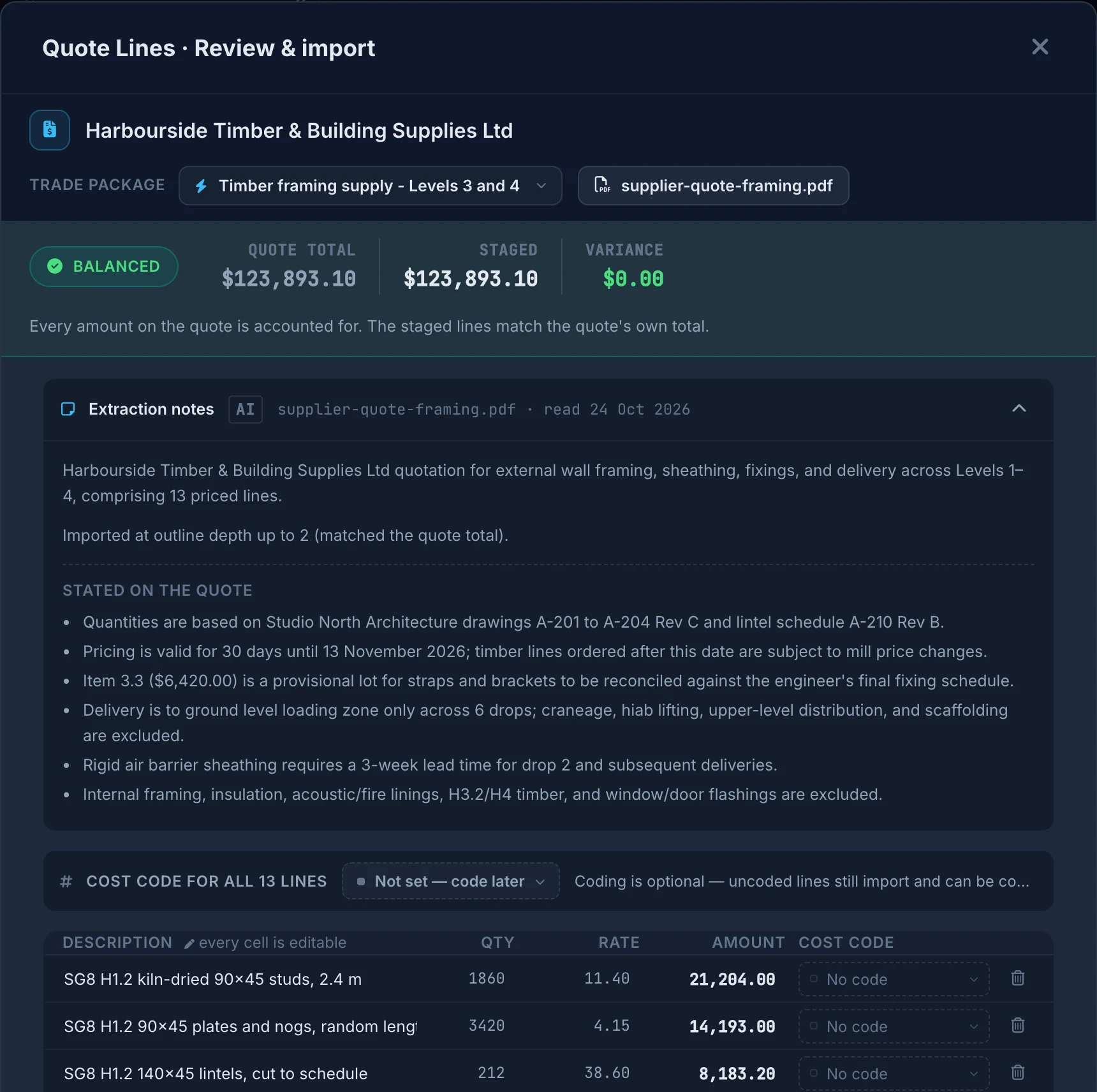 A timber supplier’s quote read into 13 priced lines: Balanced, with the quote total and the staged lines both $123,893.10, and what the quote states, including its exclusions and validity