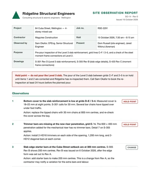 Page 1 of Site Observation Report SO-14 from Ridgeline Structural Engineers, with a hold point on the Level 3 slab pour